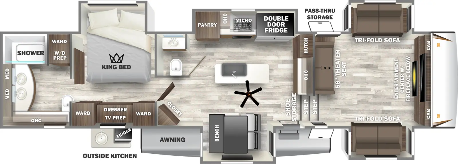 The 37FLH has five slide outs, three on the off-door side and two on the door side and one entry door. Exterior door side features include an awning with an exterior kitchen nearby. There is also a large pass through storage area nearby. Interior layout from front to back. Front living room area with two tri-fold sofas, theatre style seating and a large LED TV. Off the entry door is a kitchen that features an island, double door refrigerator, farm style sink, pantry, dinette, guest bathroom and large microwave. Near the rear is the master bedroom with a king sized bed and wardrobes storage. In the rear is a double bowl sink, stackable washer/dryer prep, and tall stand up shower.